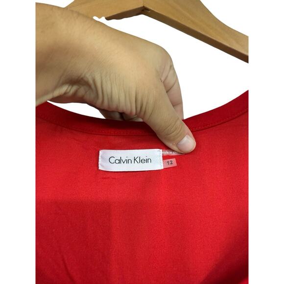 Calvin Klein Red Stretch Modest Tiered Ruffle Career Tank Dress Evening Size 12 - Picture 3 of 5
